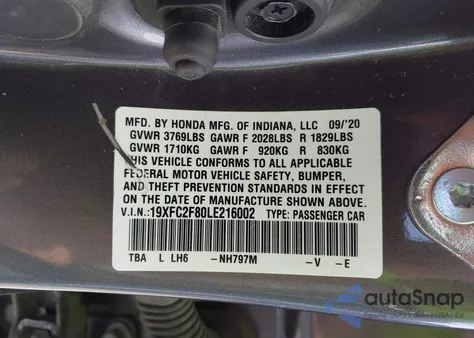 2020 Honda Civic Sport из США, поврежденный, VIN 19XFC2F80LE216002